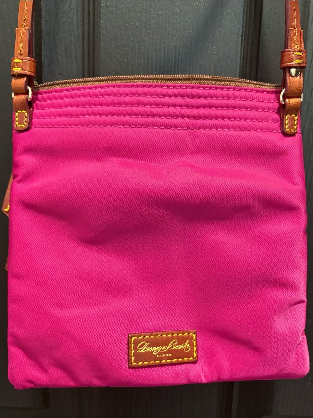 Dooney & Bourke Hot Pink Nylon Crossbody with Brown Leather Strap